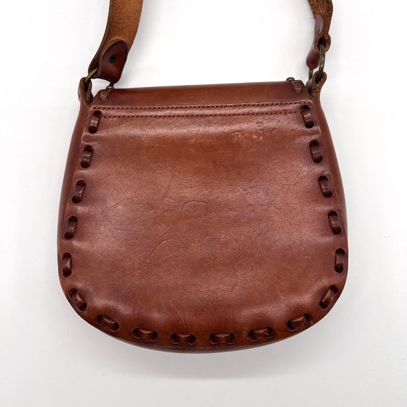 VINTAGE Leather Crossbody Bag Womens Small Brown Handmade Studs Jewels Stitched - Picture 3 of 12